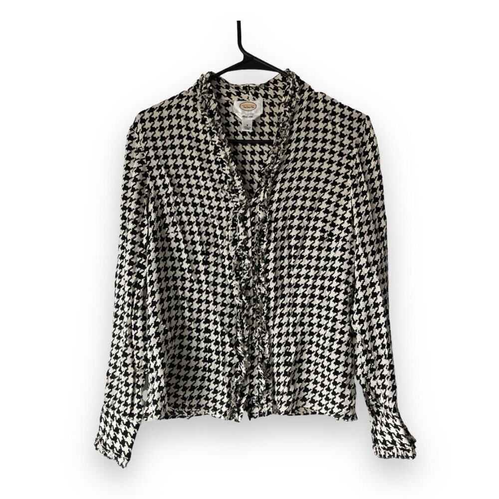 Talbots Blouse Pure Silk Hounds Tooth Print Womens Size 8 Ruffle Black/Ivory